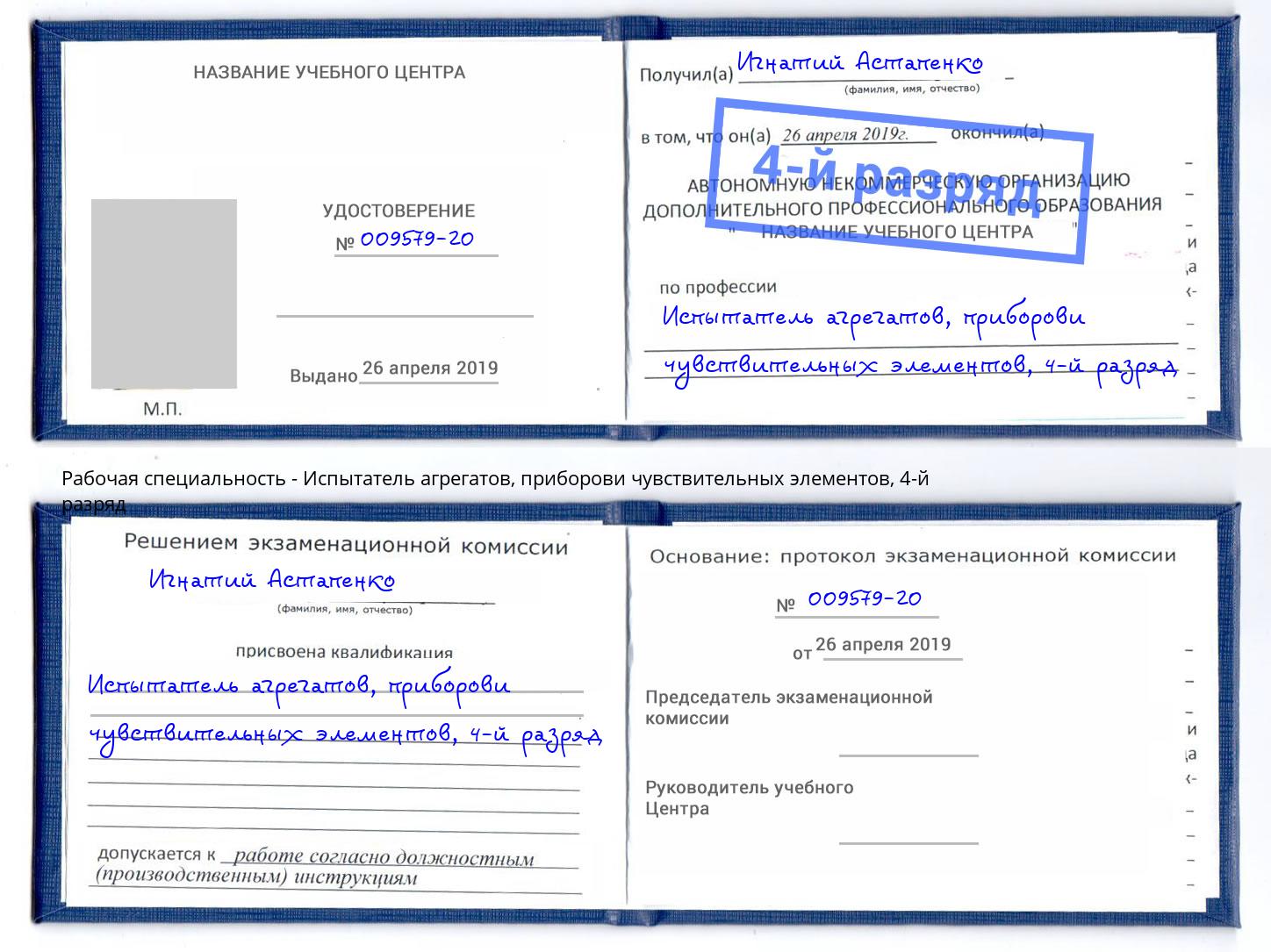 корочка 4-й разряд Испытатель агрегатов, приборови чувствительных элементов Баксан