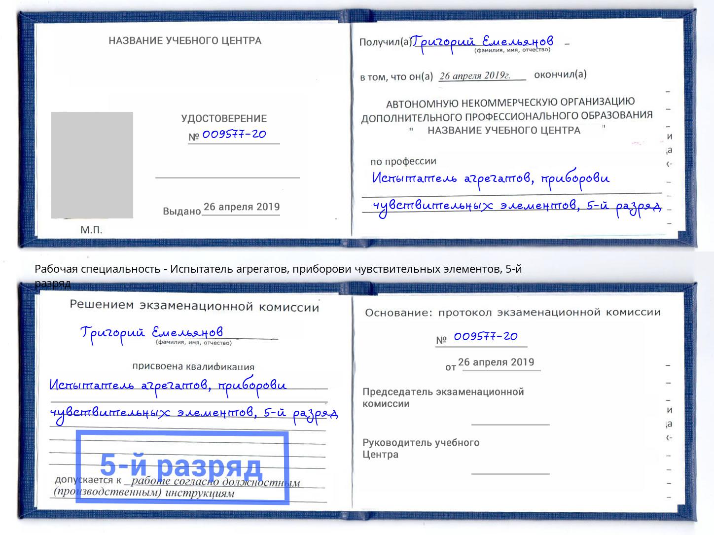 корочка 5-й разряд Испытатель агрегатов, приборови чувствительных элементов Баксан