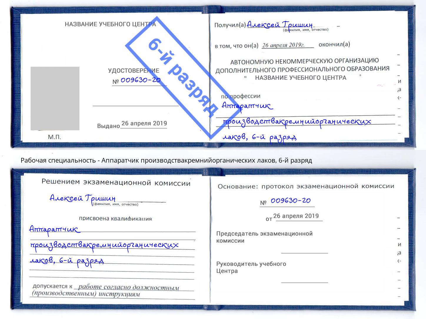 корочка 6-й разряд Аппаратчик производствакремнийорганических лаков Баксан