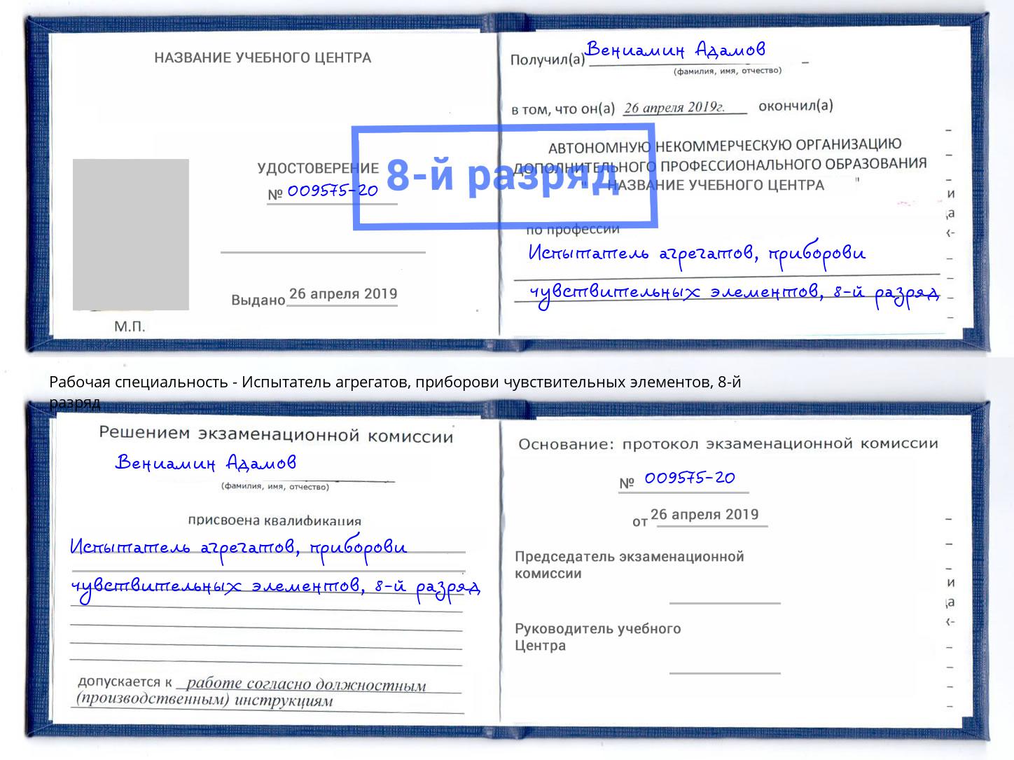 корочка 8-й разряд Испытатель агрегатов, приборови чувствительных элементов Баксан